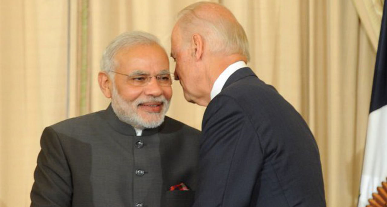 Prime Minister Narendra Modi with Joe Biden. PM Modi tweeted this picture to congratulate Biden on becoming the 46th President of the United States. Credit: Twitter/@narendramodi