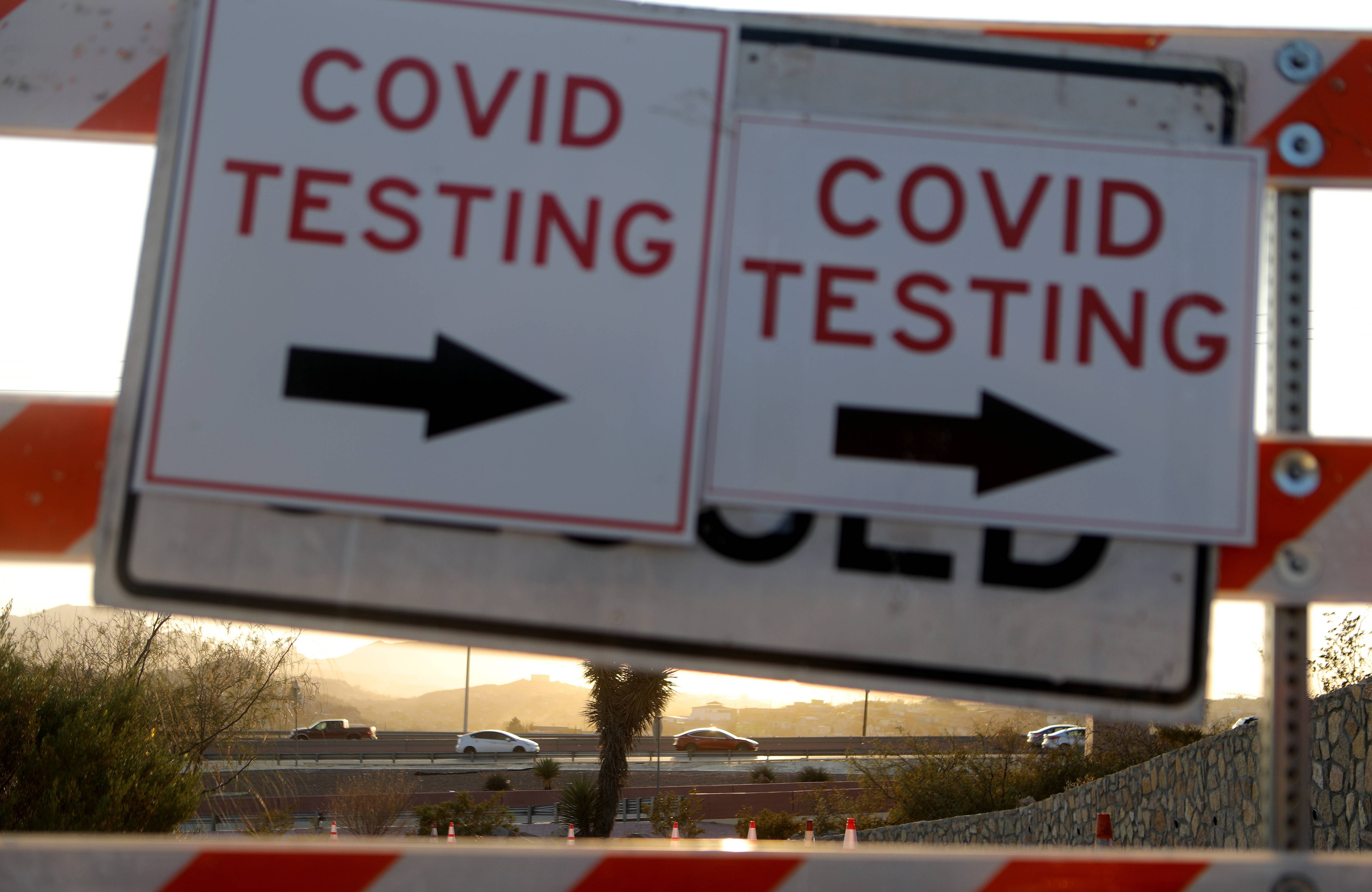 A sign is displayed at a drive-in COVID-19 testing site amid a surge of coronavirus cases in the city on November 18, 2020 in El Paso, Texas. Texas surpassed 20,000 confirmed coronavirus deaths on November 16, the second highest in the U.S., with active cases in El Paso now over 34,000 and confirmed COVID-19 deaths at 804. Credit: Getty Images/AFP
