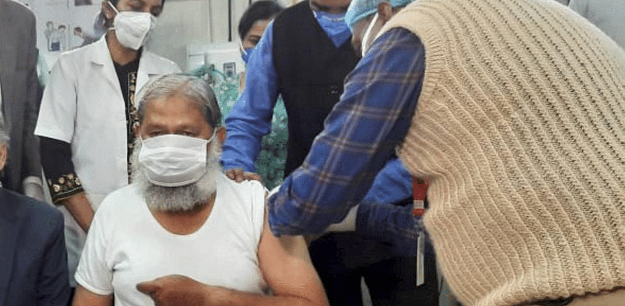 Haryana Health Minister Anil Vij volunteers in the trials for potential coronavirus vaccine Covaxin, at Civil Hospital in Ambala district, Friday, Nov. 20, 2020. Credit: PTI Photo
