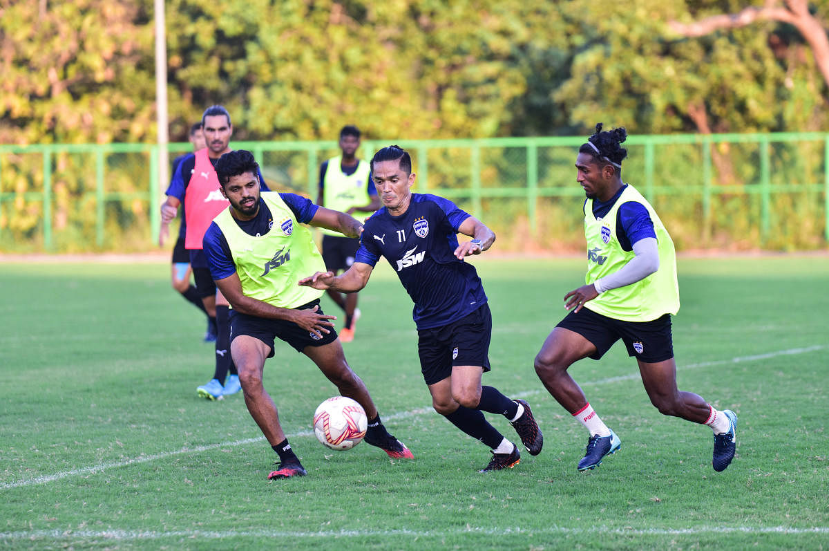 Bengaluru FC skipper Sunil Chhetri (centre) will once again be key for the club’s hopes for silverware this season.
