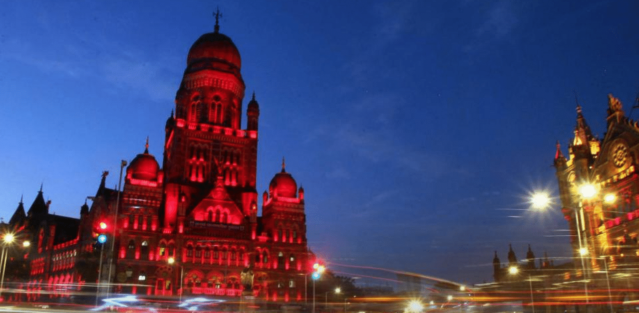 The Brihanmumbai Municipal Corporation (BMC) building is illuminated in red light. Credit: PTI Photo