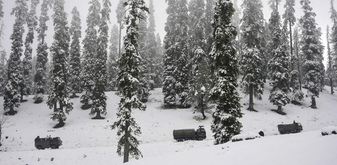 Snow covered road after the season's first snowfall, at Gulmarg in Baramulla district of north Kashmir. Credit: PTI Photo