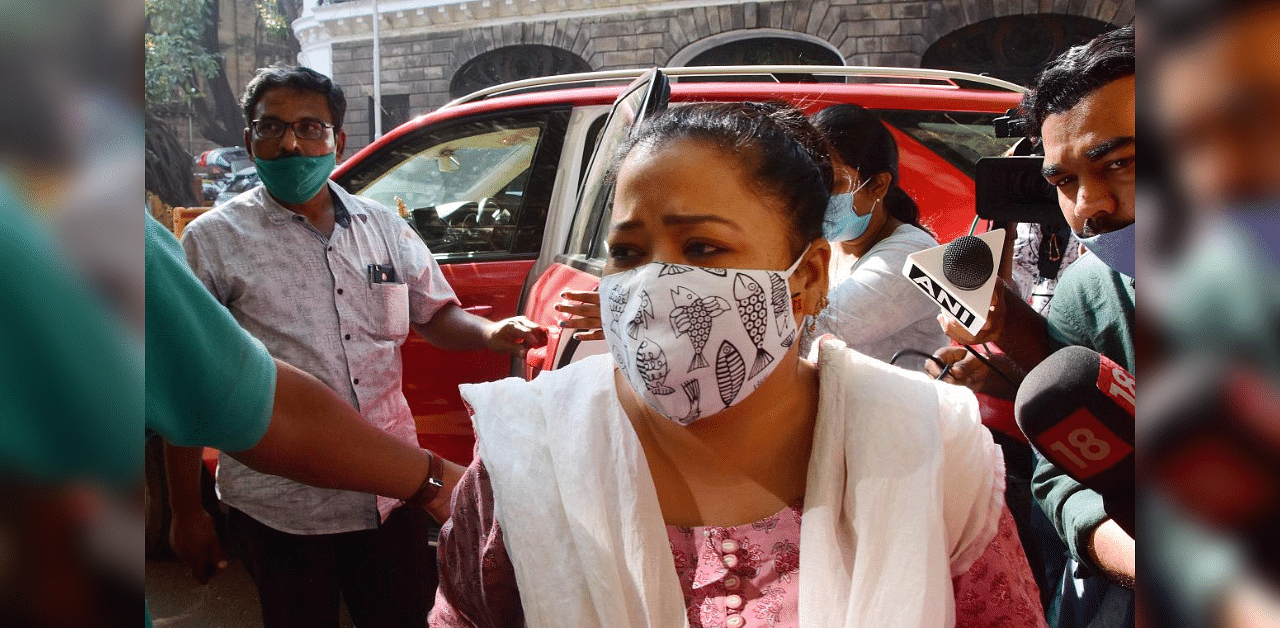 Comedian Bharti Singh arrives at the NCB office for questioning after a raid at her residence by the agency in a drug related case, in Mumbai, Saturday, Nov. 21, 2020. Credit: PTI Photo