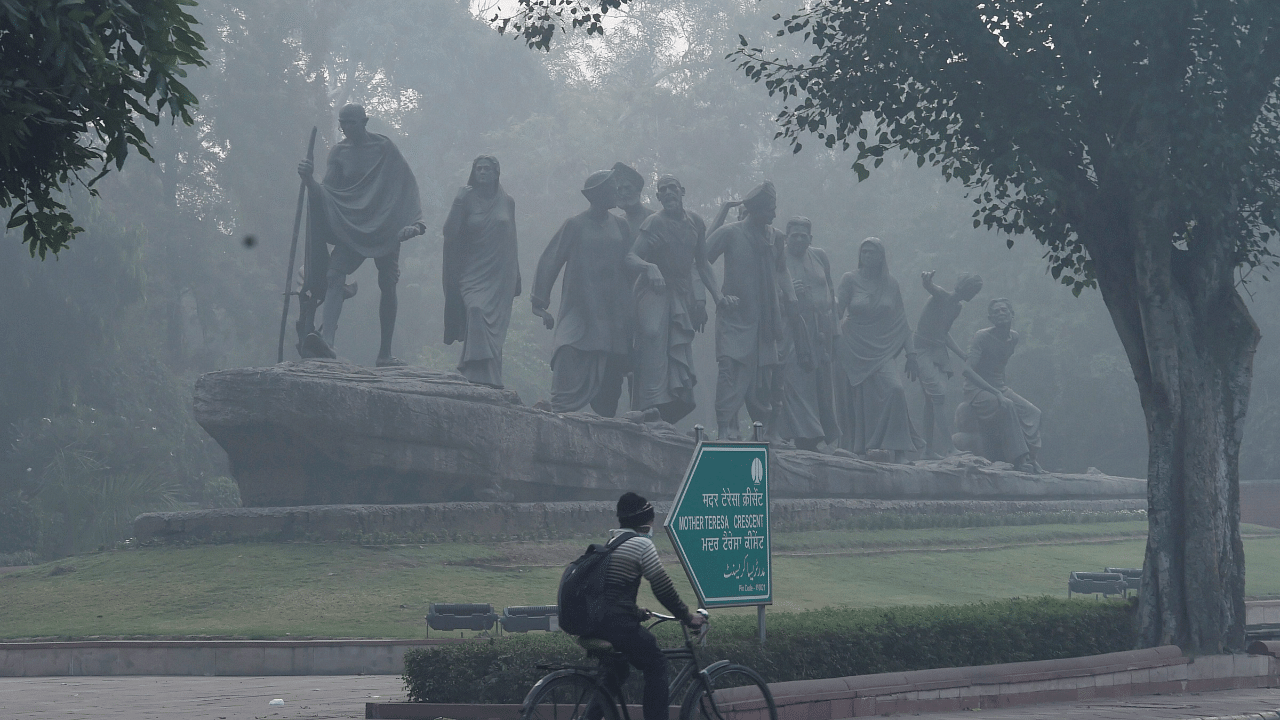 A cyclist rides through smog in Delhi. Credit: PTI Photo