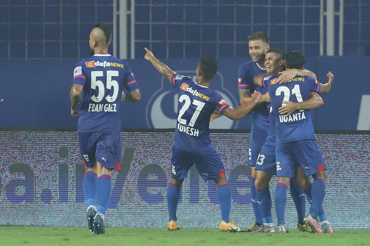 Bengaluru FC's Cleiton Silva (second from right) celebrates with team-mates after scoring against FC Goa during their ISL game at the Fatorda Stadium on Sunday. Sportzpics