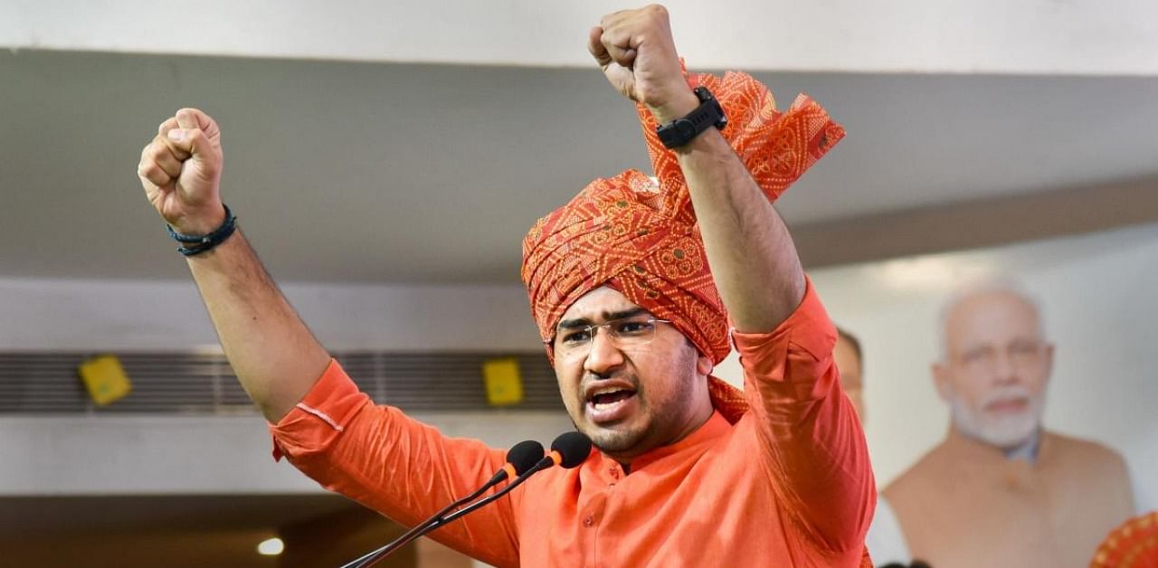 Bharatiya Janata Yuva Morcha (BJYM) National President Tejasvi Surya addresses during 'Change Hyderabad' campaign and App launch as part of GHMC election campaign in Hyderabad. Credit: PTI.