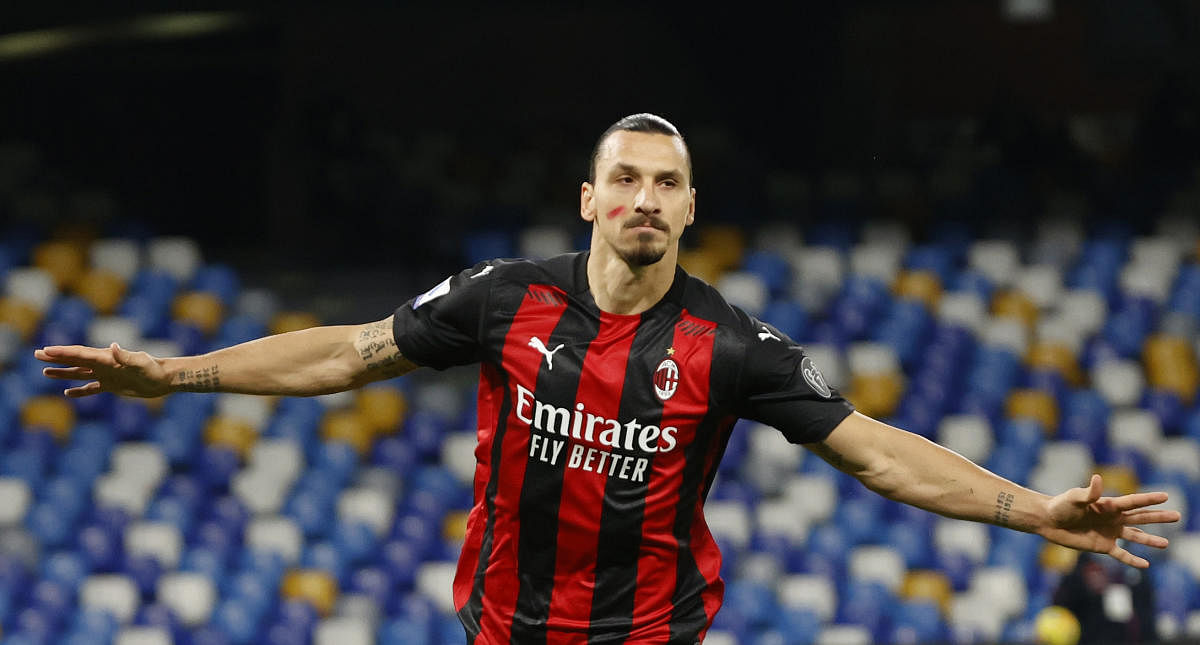  AC Milan’s Zlatan Ibrahimovic celebrates scoring their first goal. Credit: Reuters
