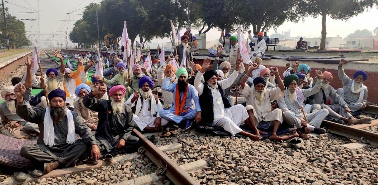 Farmers protesting against the new farm laws. Credit: PTI Photo