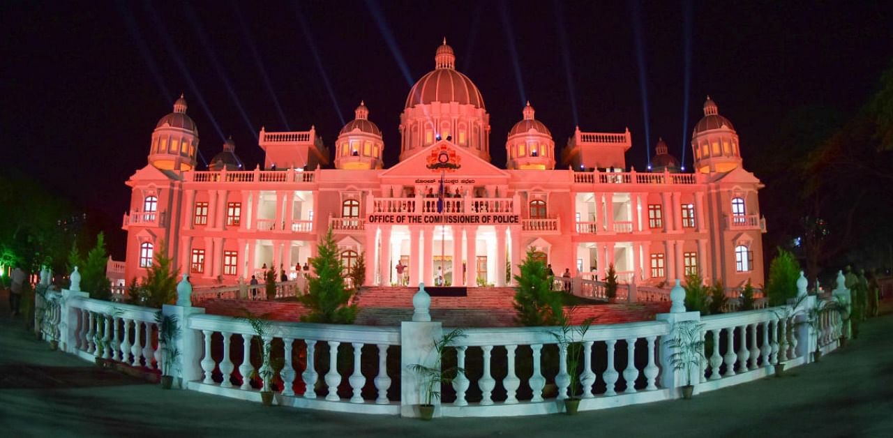 The illuminated new building of the office of Mysuru Police Commissioner. Credit: DH photo/Savitha B R.