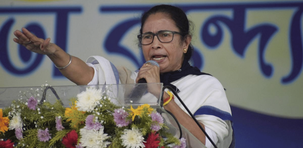 West Bengal Chief Minister Mamata Banerjee addresses a public meeting, in Bankura district, Wednesday. Credit: PTI Photo
