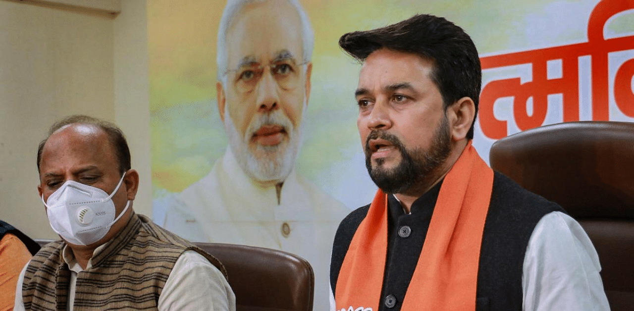  Jammu & Kashmir DDC Election in-charge Anurag Thakur addresses a press conference at the BJP Party office in Jammu. Credit: PTI Photo