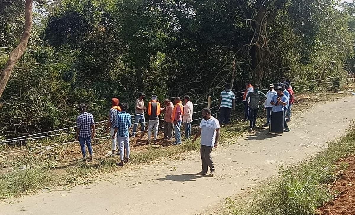 Revenue department workers take over the gomala land at Arji village in Virajpet taluk and secure it by erecting fences. Credit: DH.