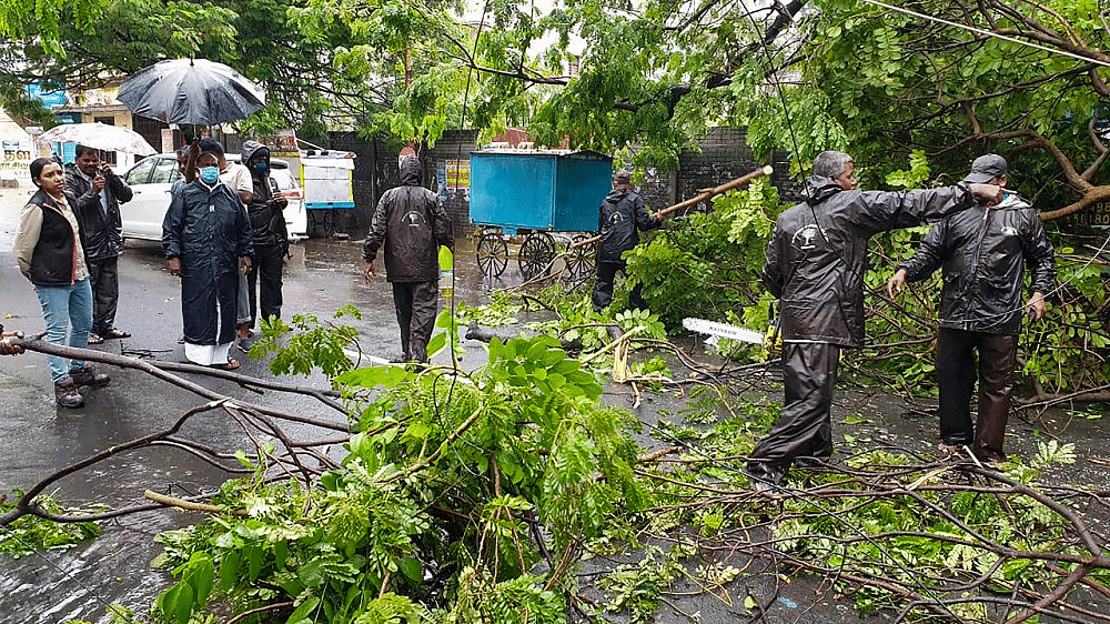 Puducherry Chief Minister V Narayanasamy oversees the work of clearing the streets by field staff, in the aftermath of cyclone Nivar yesterday night, in Puducherry. Credit: PTI Photo