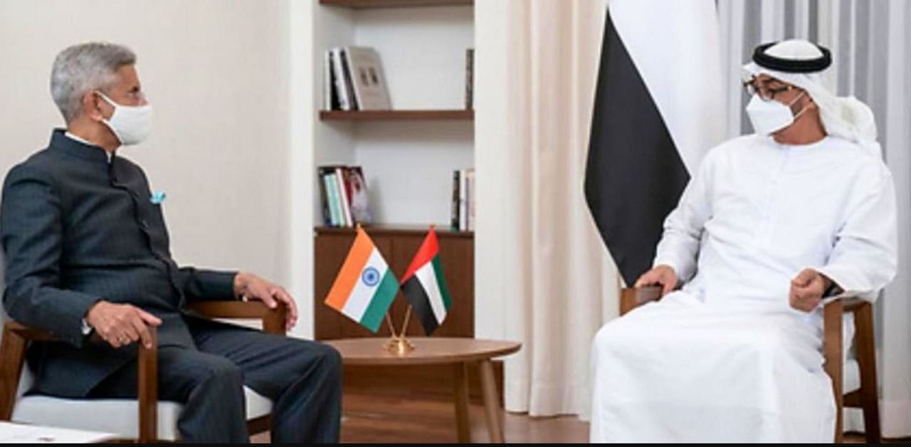 External Affairs Minister S Jaishankar with Abu Dhabi Crown Prince Sheikh Mohammed bin Zayed Al Nahyan during his visit to the Gulf kingdom. Credit: Twiter Photo/@DrSJaishankar