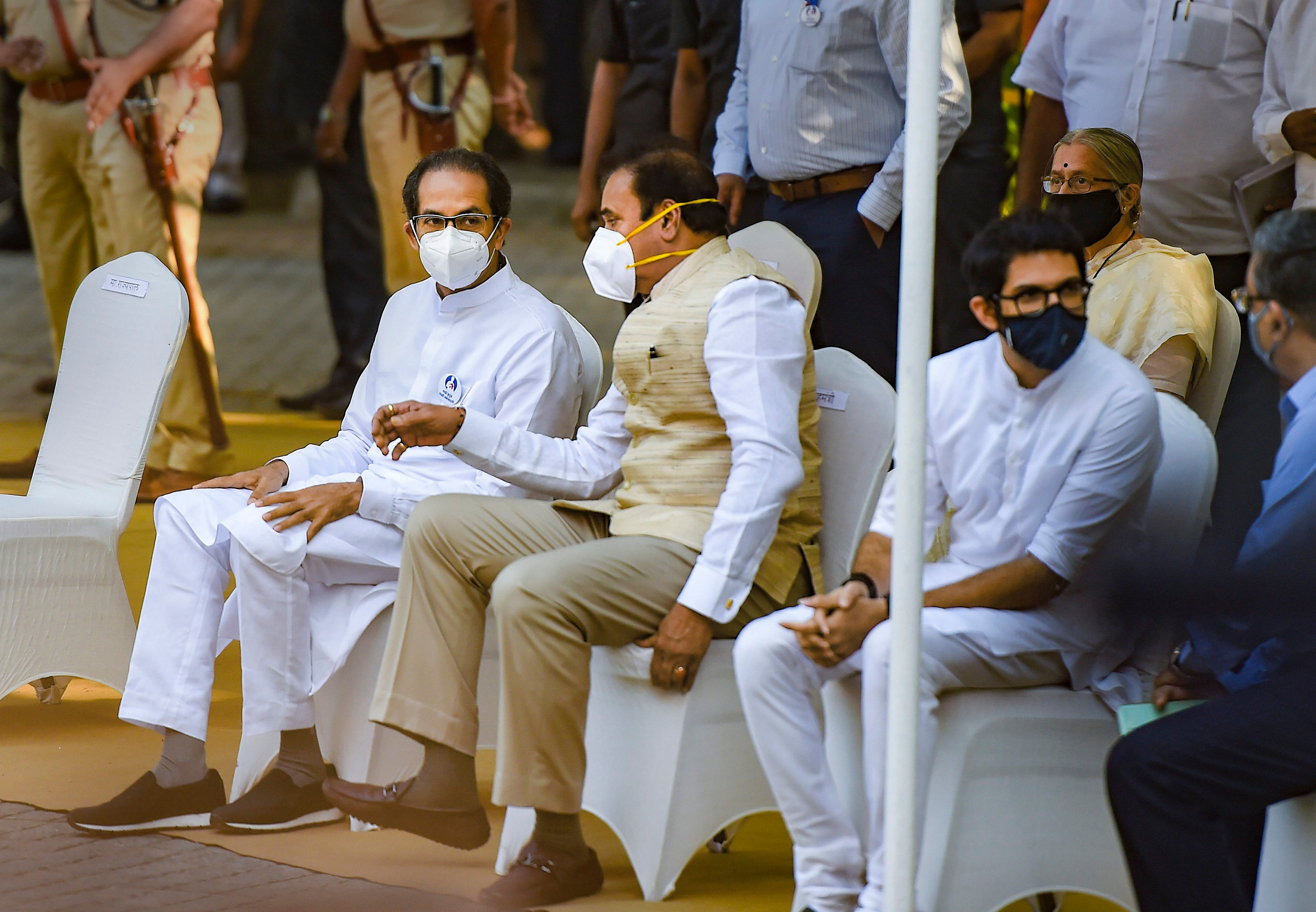 Maharashtra Chief Minister Uddhav Thackeray and Home Minister Anil Deshmukh at Police Memorial during the 12th anniversary of the 26/11 Mumbai terror attacks, in Mumbai. Credit: PTI Photo