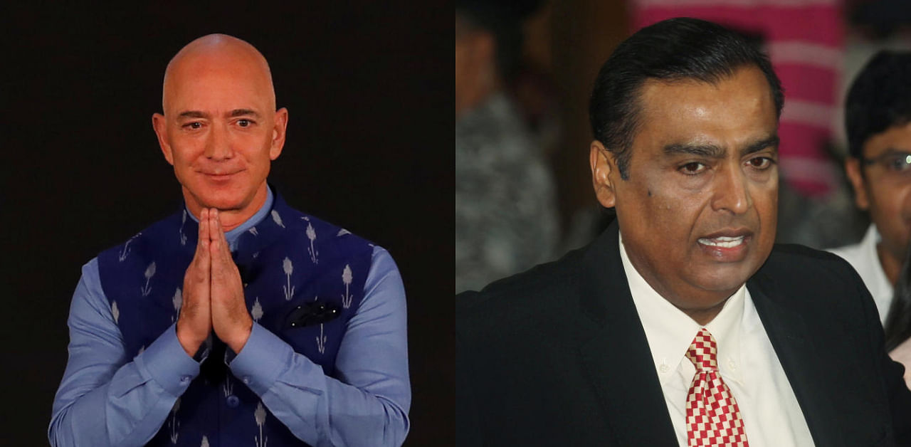 Jeff Bezos and Mukesh Ambai (R). Credit: Reuters.