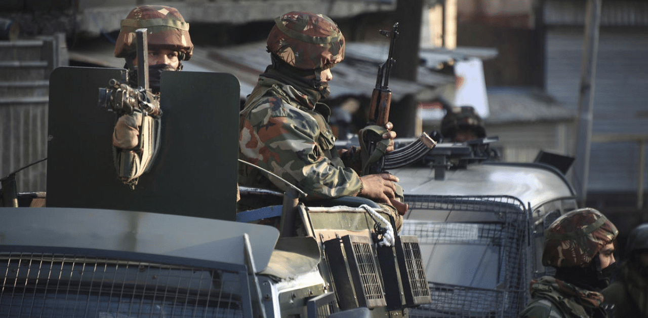 The spokesman said the two soldiers were part of the Quick Reaction Team (QRT) in the general area of Khushipora when unidentified militants fired indiscriminately at them. Credit: PTI Photo