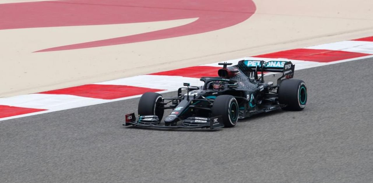 Mercedes' British driver Lewis Hamilton drives his car during the first practice session ahead of the Bahrain Formula One Grand Prix. Credit: AFP Photo