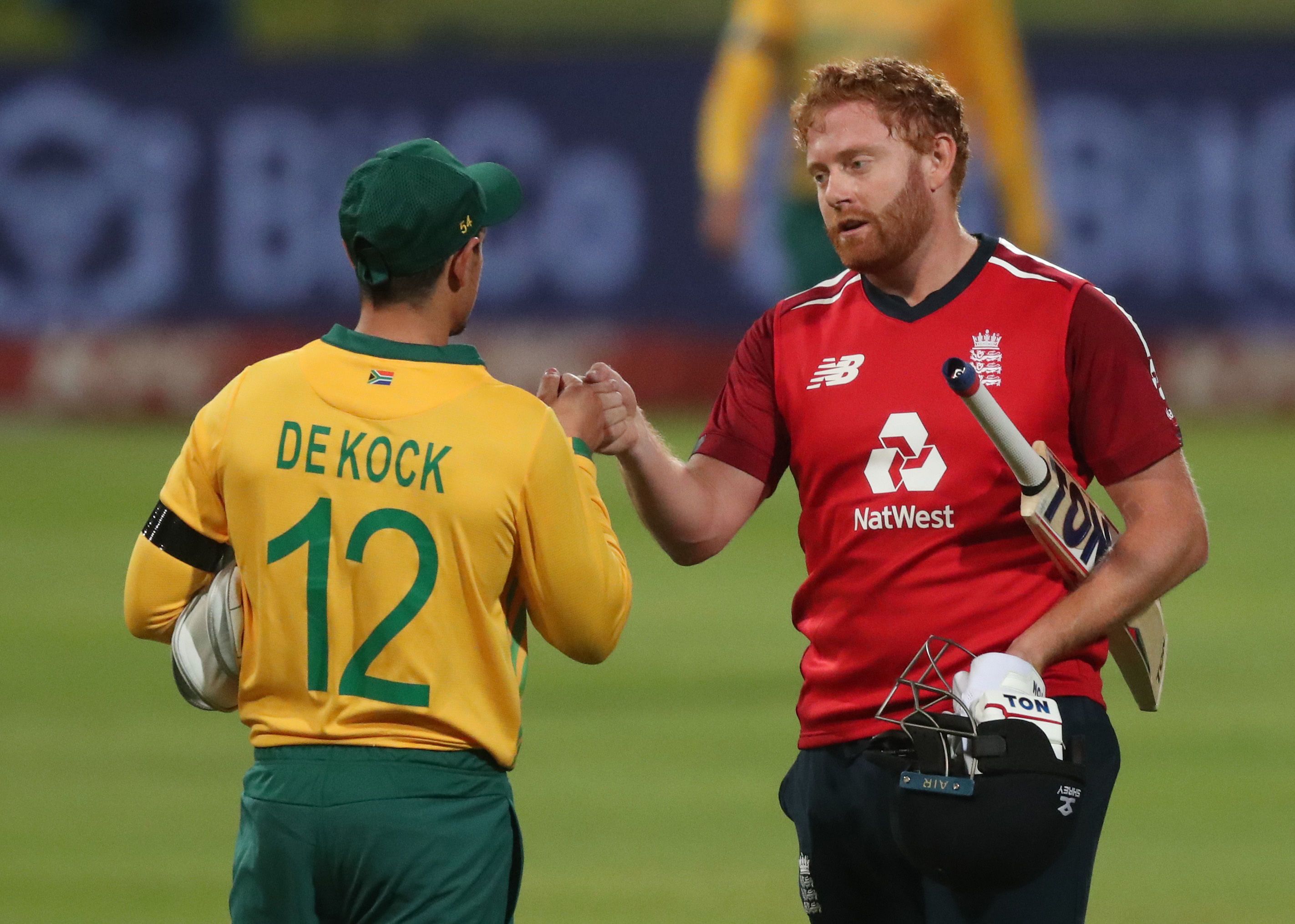 England's Jonny Bairstow with South Africa's Quinton de Kock after the match. Credit: Reuters Photo