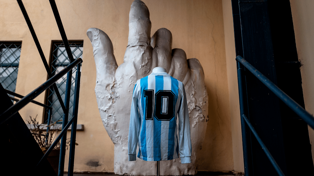 Football jersey of the Argentinian legend Diego Armando Maradona. Credit: AFP Photo