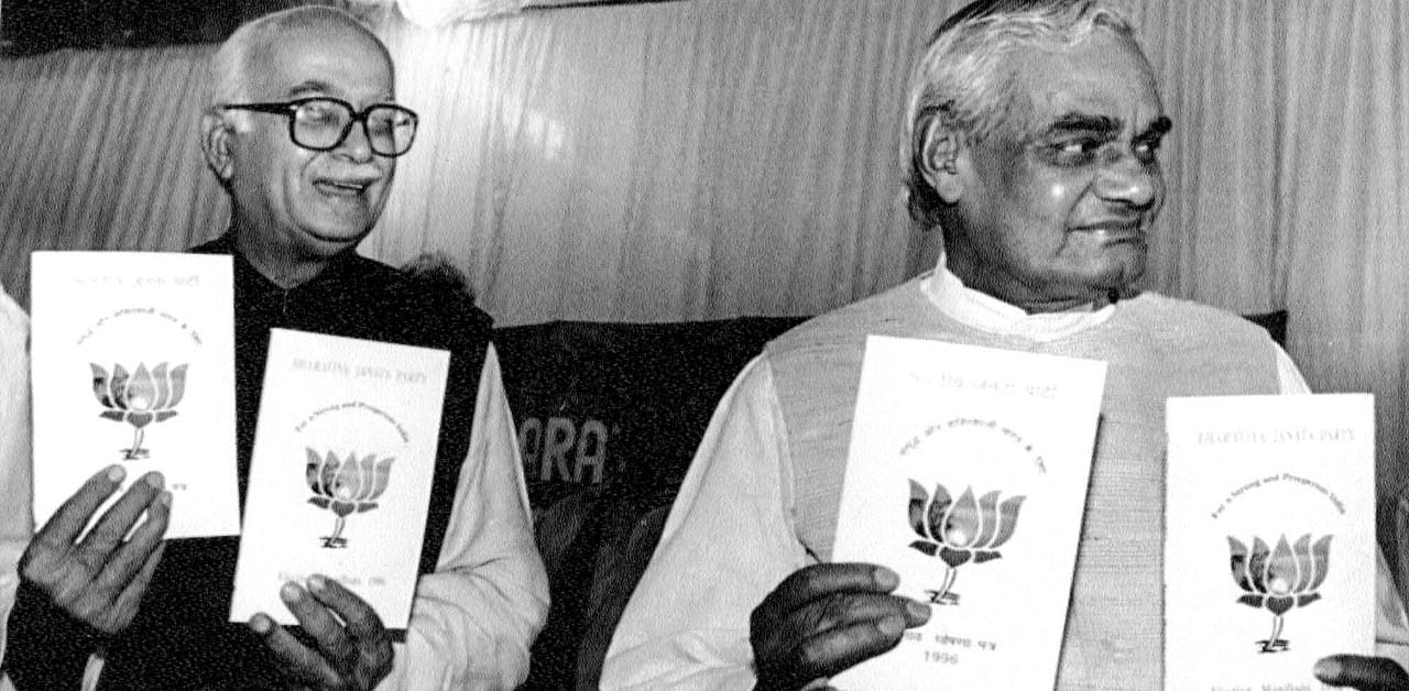 In this file photo taken on April 7, 1996, BJP national president L K Advani and senior leader Atal Bihari Vajapayee release the party's manifesto in New Delhi. Credit: DH/PV Archives