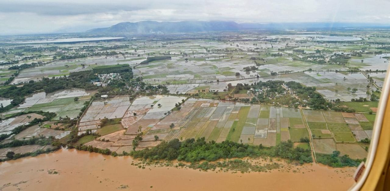 An aerial view of Cyclone Nivar affected areas during Andhra Pradesh Chief Minister YS Jagan Mohan Reddy's aerial survey. Credit: PTI Photo
