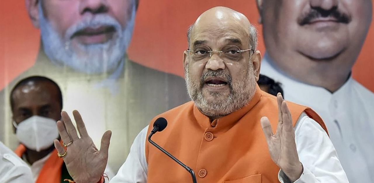 Union Home Minister Amit Shah addresses media, ahead of Greater Hyderabad Municipal Corporation (GHMC) elections, in Hyderabad, Sunday, Nov. 29, 2020. Credit: PTI Photo