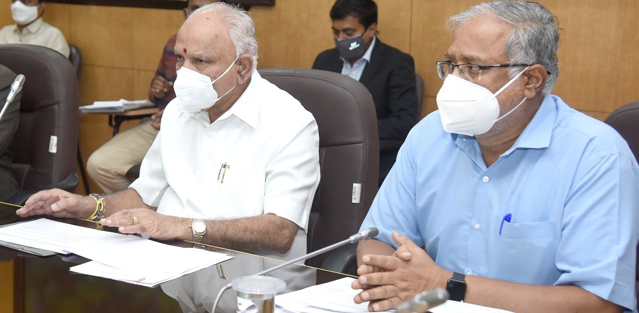 B S Yeddyurappa, Chief Minister Chairing Education and Health department officials meeting, on reopening of schools across Karnataka at Vidhana Soudha in Bengaluru. Credit: DH Photo