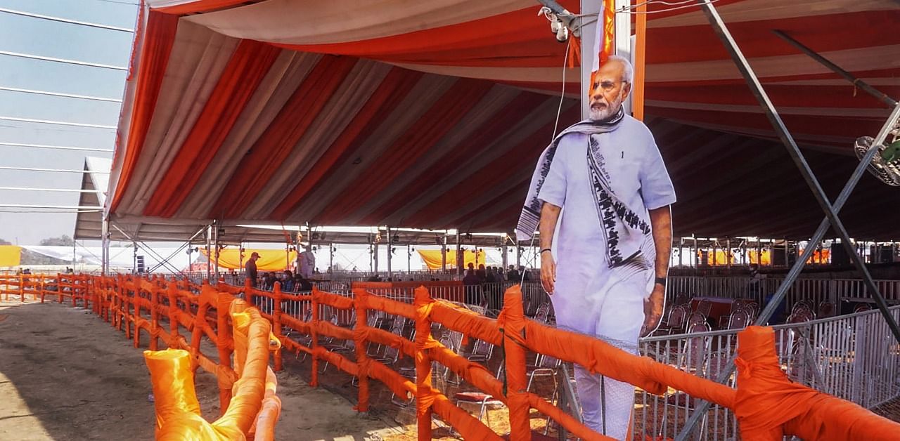 Preparation underway ahead of Prime Minister Narendra Modi's visit to his parliamentary constituency on Monday, in Varanasi. Credit: PTI Photo