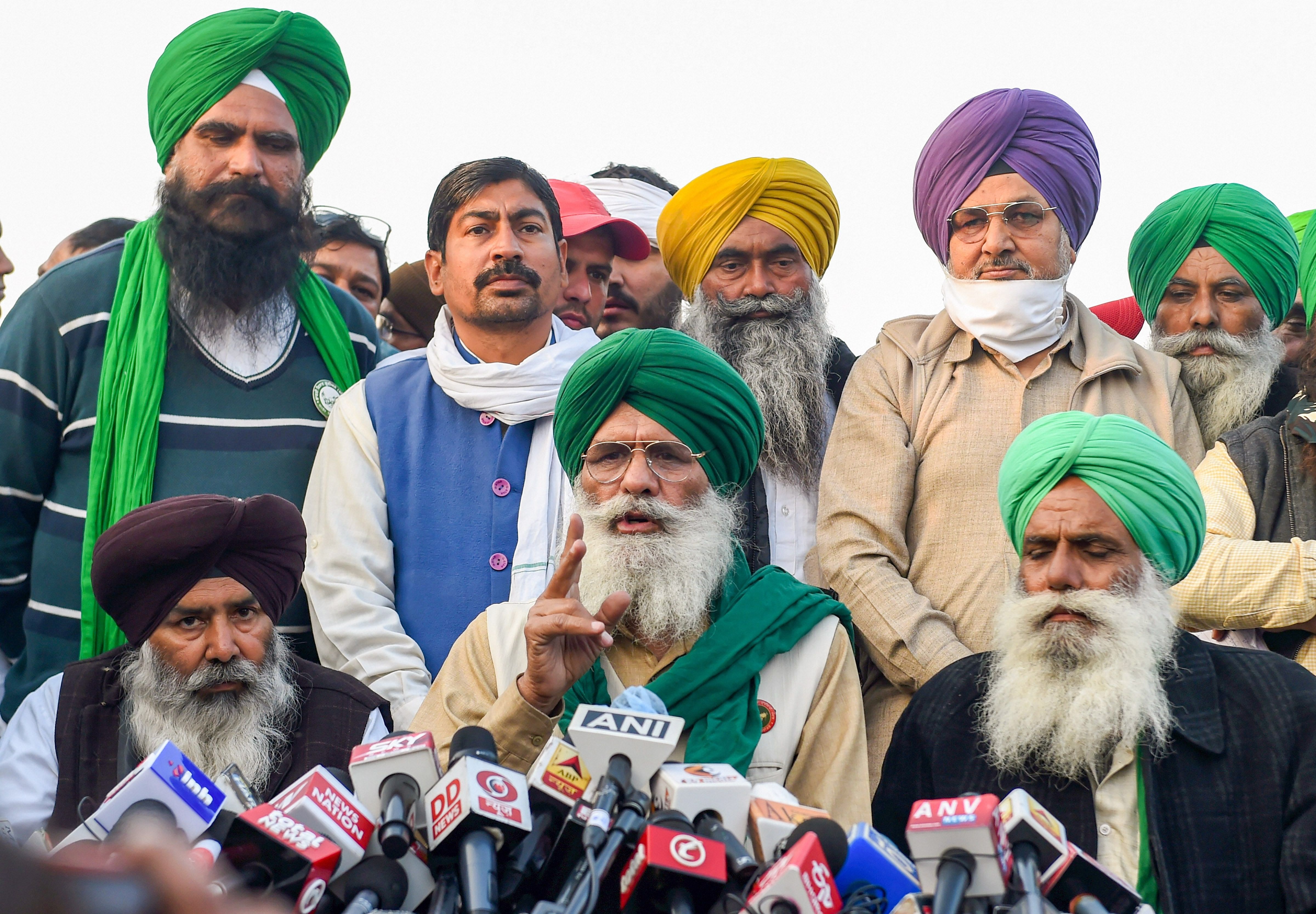  Leaders of various farmer unions address the media at Singhu border, during their 'Delhi Chalo' march against the Centre's farm reform laws, in New Delhi, Sunday, Nov. 29, 2020. Credit: PTI Photo