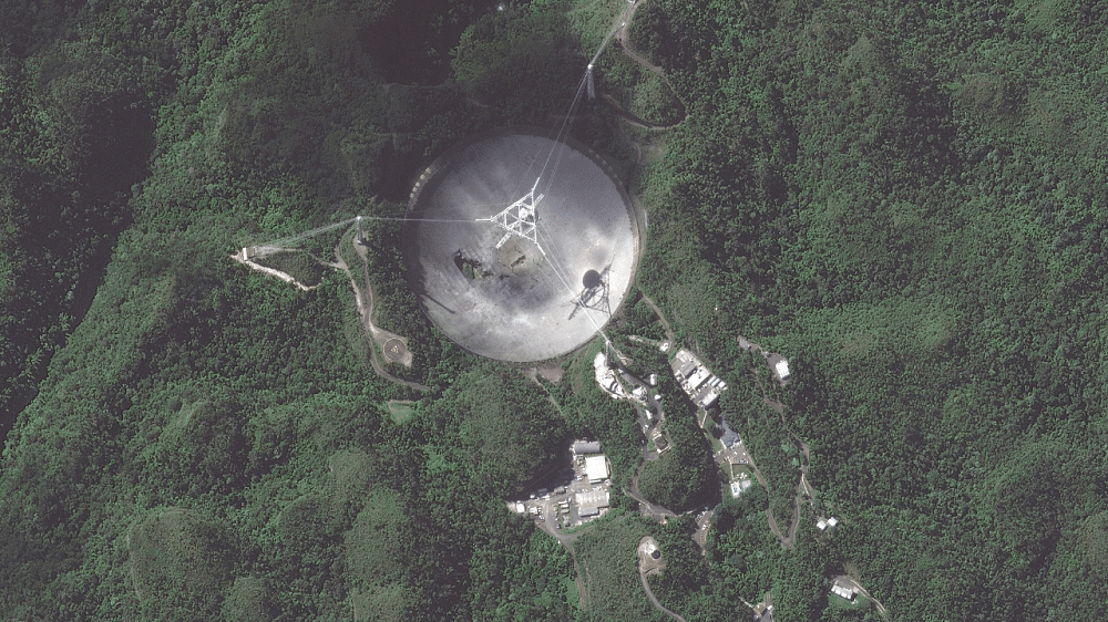 An overview of the damaged Arecibo Observatory radio telescope is seen in Arecibo, Puerto Rico. Credit: Reuters Photo