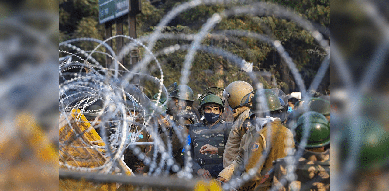 Tight security arrangements at the Singhu border during farmers' ongoing 'Delhi Chalo' protest against Centre's new farm laws, in New Delhi, Monday, Nov. 30, 2020. Credit: PTI Photo