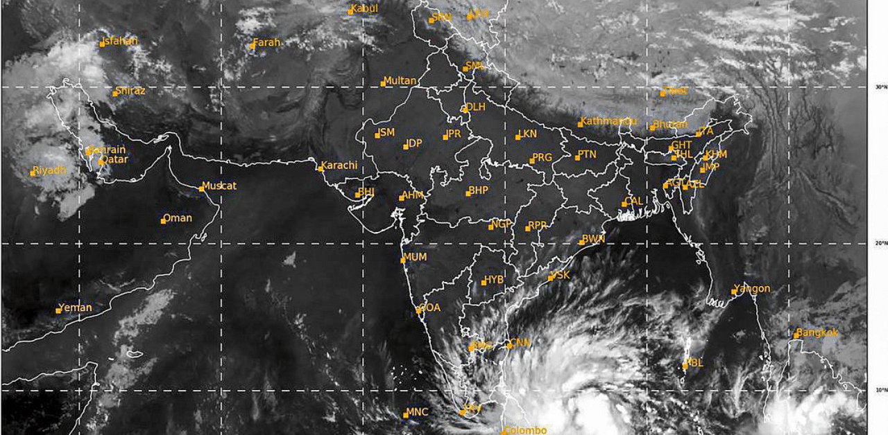 Deep depression in the Bay of Bengal, which is likely to intensify further into a cyclonic storm. IMD has issued a cyclone alert for South Tamil Nadu and South Kerala coasts. Credit: PTI Photo