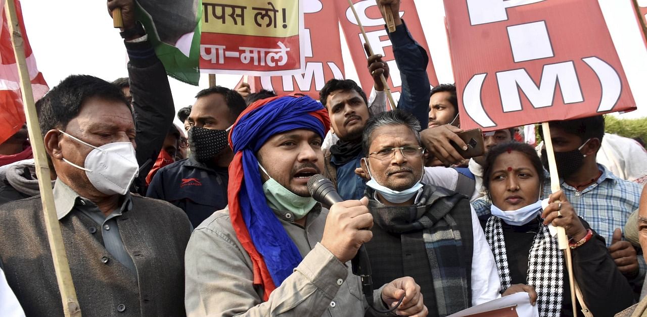 CPI leader Kanhaiya Kumar takes part in a protest supporting farmers' agitation, in Patna. Credit: PTI Photo