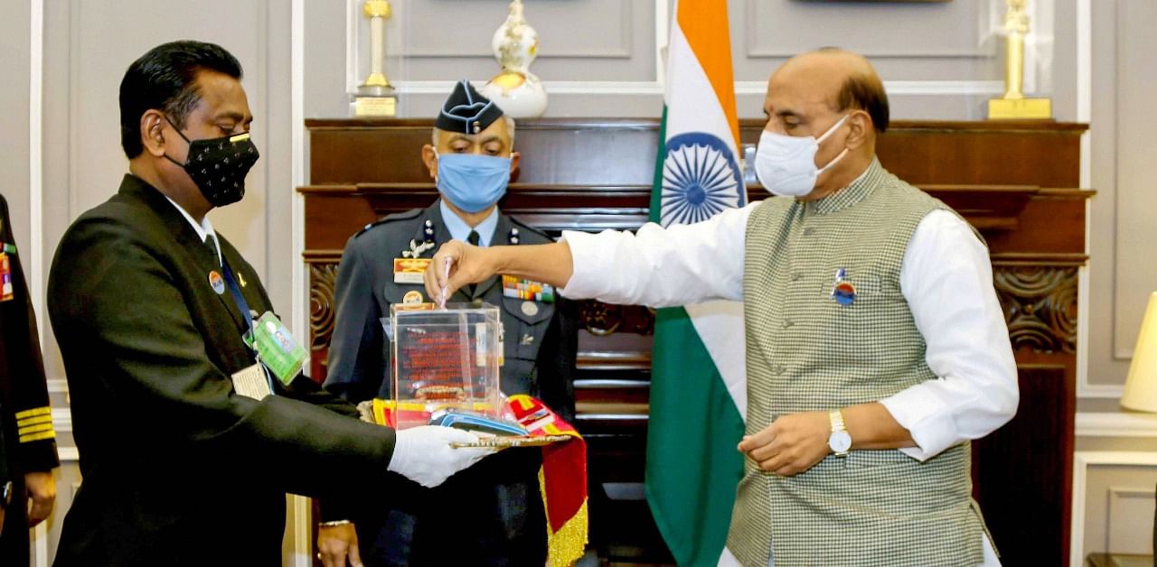 Kendriya Sainik Board officials meet Defence Minister Rajnath Singh on the occasion of Armed Forces Flag Day 2020. Credit: PTI Photo