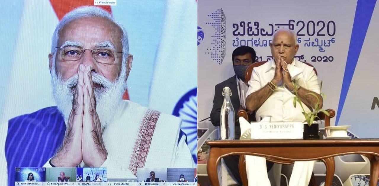 Prime Minister Narendra Modi greets Karnataka Chief Minister B S Yediyurappa through video conferencing during the inauguration of Bengaluru Tech Summit 2020, in Bengaluru. Credit: PTI Photo