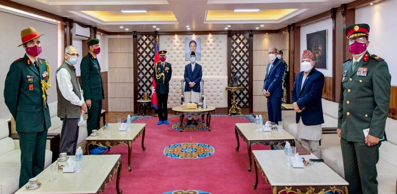 Chief of Army Staff General MM Naravane during a meeting with Prime Minister of Nepal K P Sharma Oli, in Kathmandu. Credit: Twitter Photo via PTI