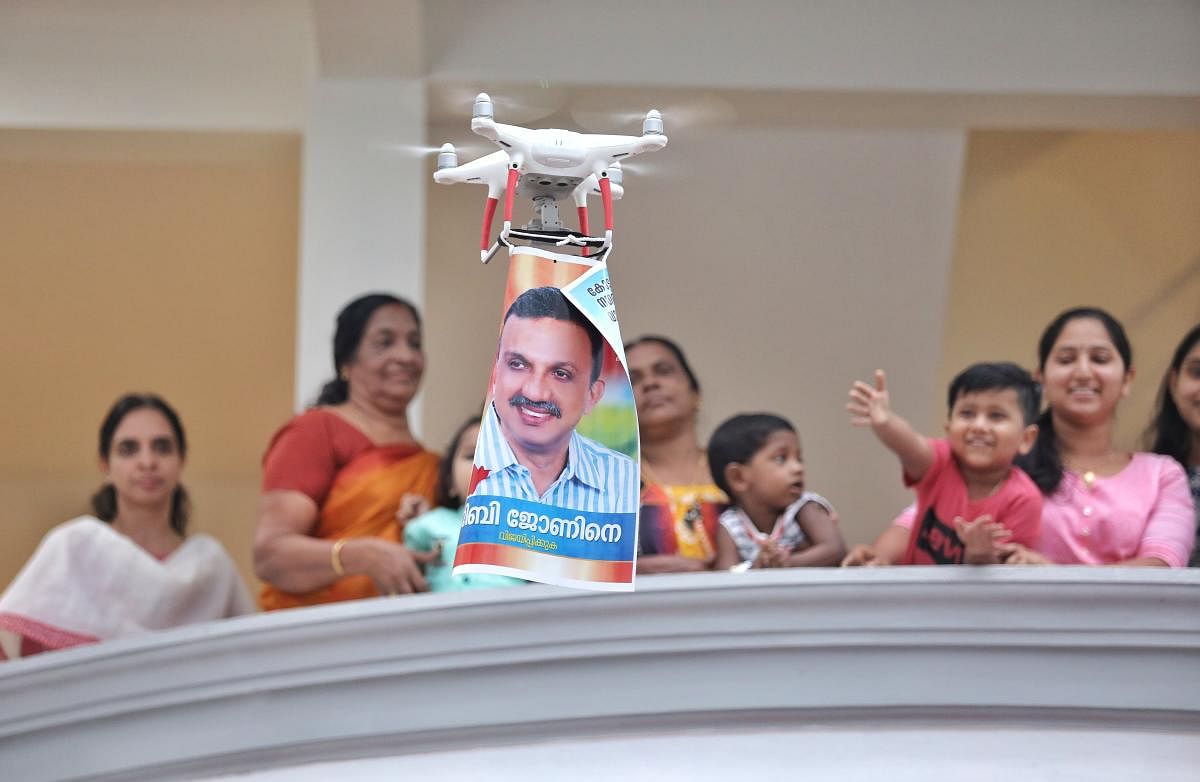 Jiby John, a left front candidate for elections to Kottayam municipality has come out with the innovative idea which was indeed suggested by one of his friends who is a licensed drone operator. Credit: Anto Varghese