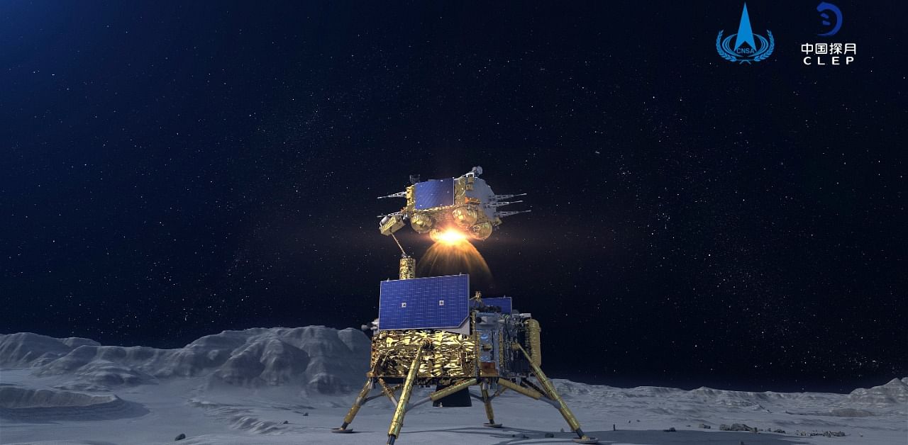 In this China National Space Administration (CNSA) photo released by Xinhua News Agency, a simulated image of the ascender of Chang'e-5 spacecraft blasting off from the lunar surface at the Beijing Aerospace Control Center (BACC) in Beijing. Credit: AP/PTI Photo