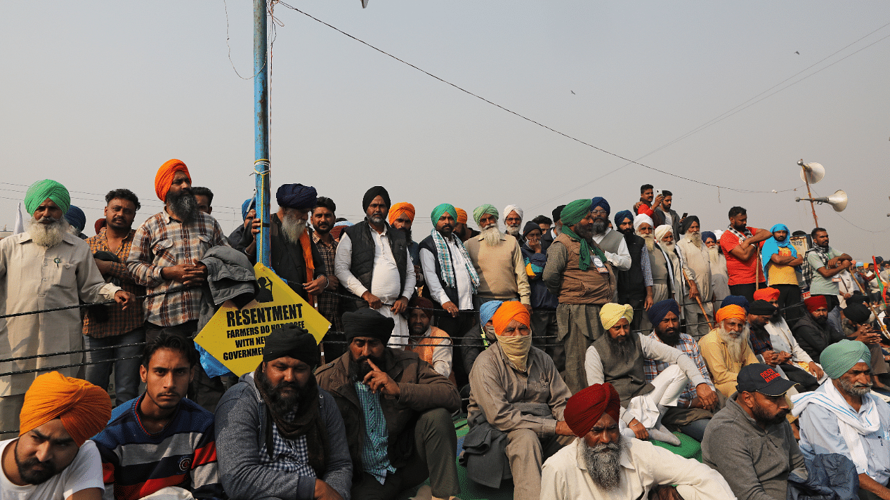 Farmers protest against the newly passed farm bills at Singhu border near Delhi, India. Credit: Reuters Photo