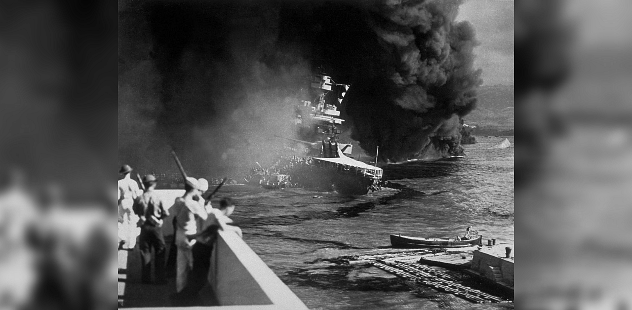 The USS California on fire in Pearl Harbour (Pearl Harbor) after the Japanese attack on 7th December 1941. Credit: Getty Images