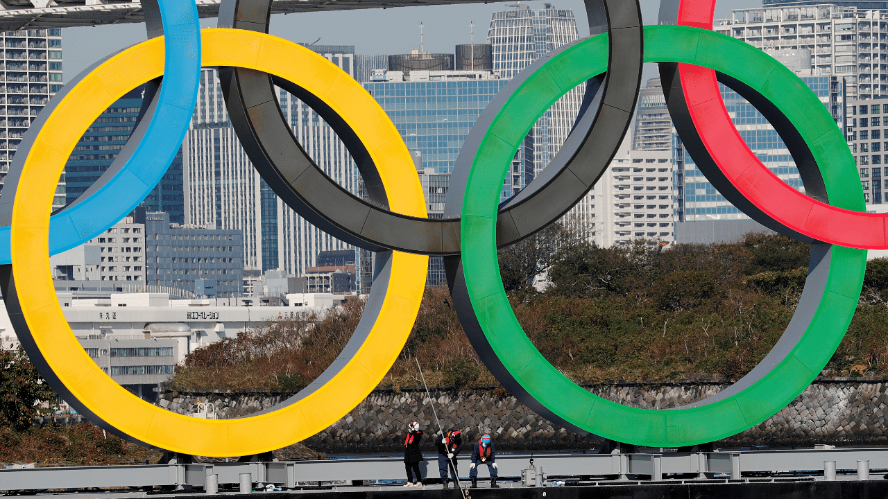 Olympic rings reinstallation at the waterfront area at Odaiba Marine Park in Tokyo. Credit: Reuters Photo