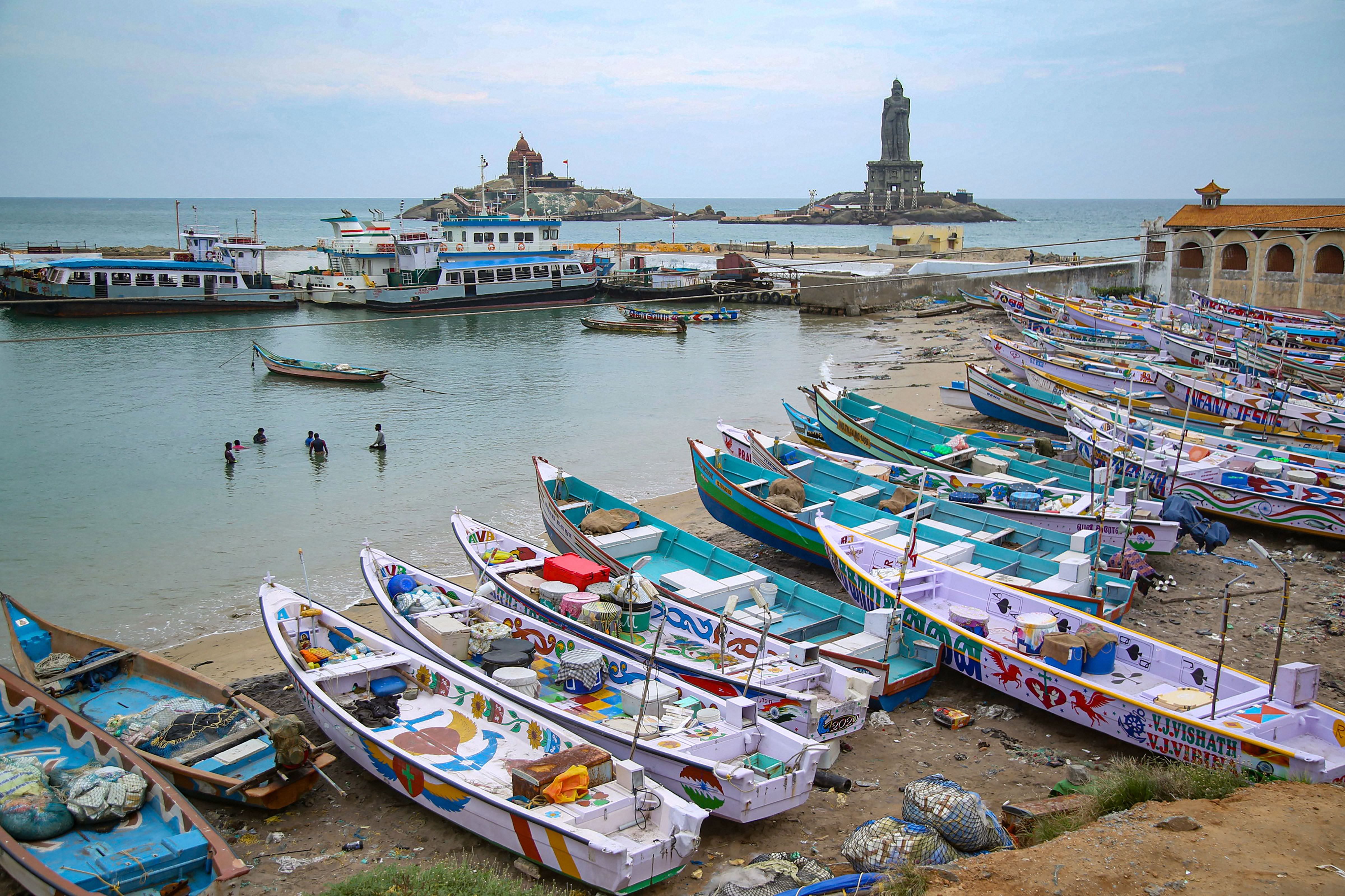 Fishing boats anchored along a seashore amid Cyclone Burevi alert. Credit: PTI Photo