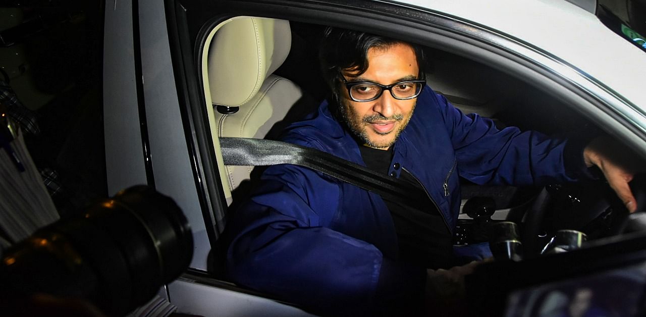 Republic TV Editor-In-Chief Arnab Goswami after being released from Taloja Central Jail on interim bail in the 2018 abetment to suicide case. Credit: PTI Photo