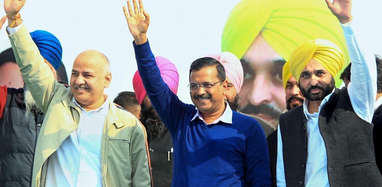 Aam Aadmi (AAP) convener and Delhi CM Arvind Kejriwal, his deputy Manish Sisodia and party MP Bhagwant Mann. Credit: PTI Photo