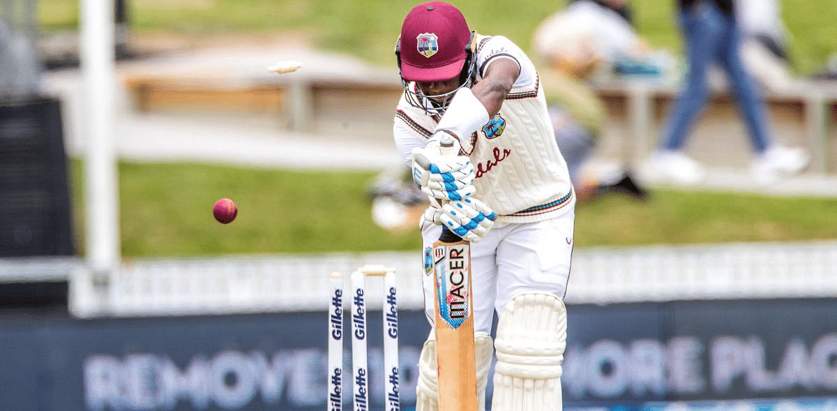 West Indies batsman Kemar Roach is clean bowled by New Zealand’s Kyle Jamieson during the third day of the first Test cricket match between New Zealand and West Indies at Seddon Park in Hamilton. Credit: AFP Photo