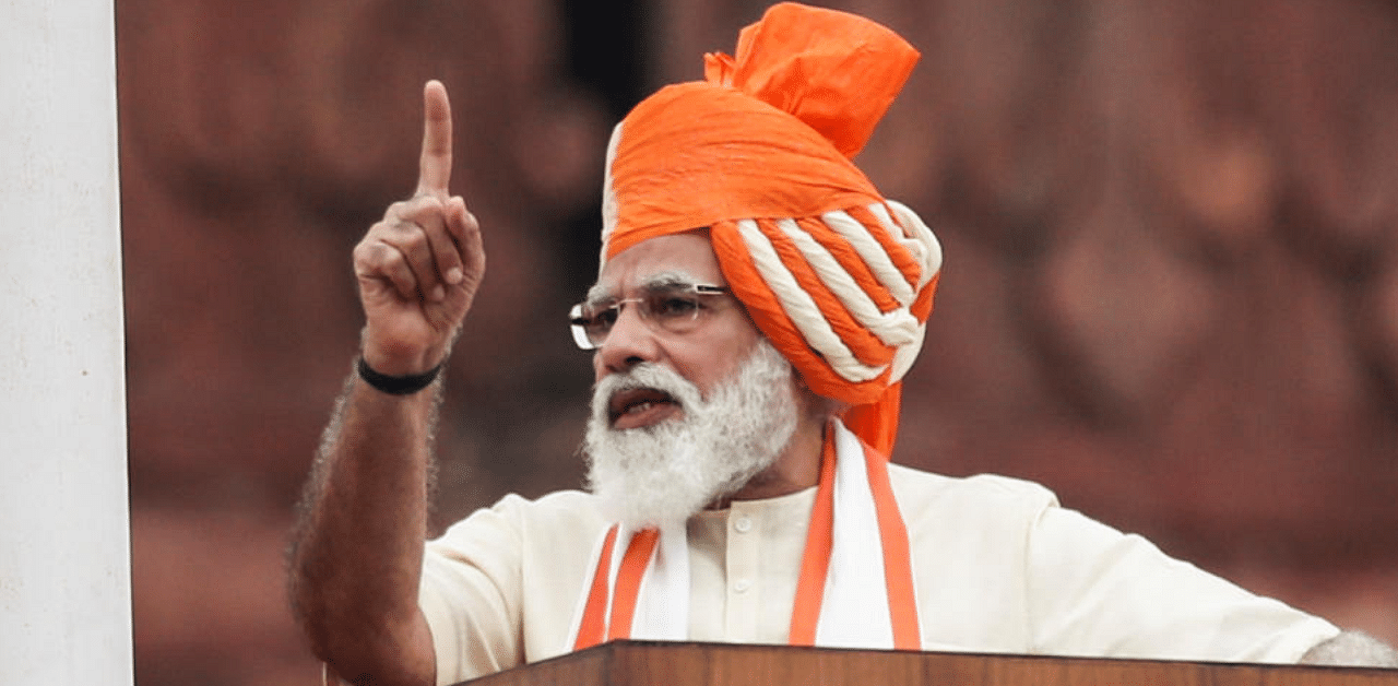 Indian Prime Minister Narendra Modi addresses the nation during Independence Day celebrations at the historic Red Fort in Delhi. Credit: Reuters Photo