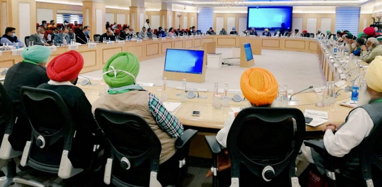 Union Agriculture Minister Narendra Singh Tomar and other leaders during a meeting with representatives of various farmer unions over the Centre's farm reform laws. Credit: PTI photo/@AgriGoI.