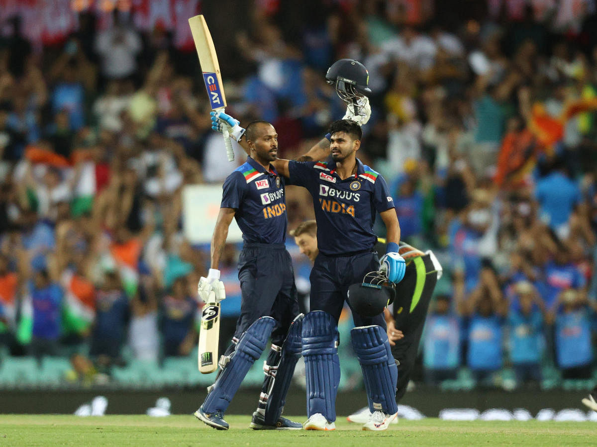 India's Hardik Pandya and Shreyas Iyer celebrate after the match. Credit: Reuters Photo