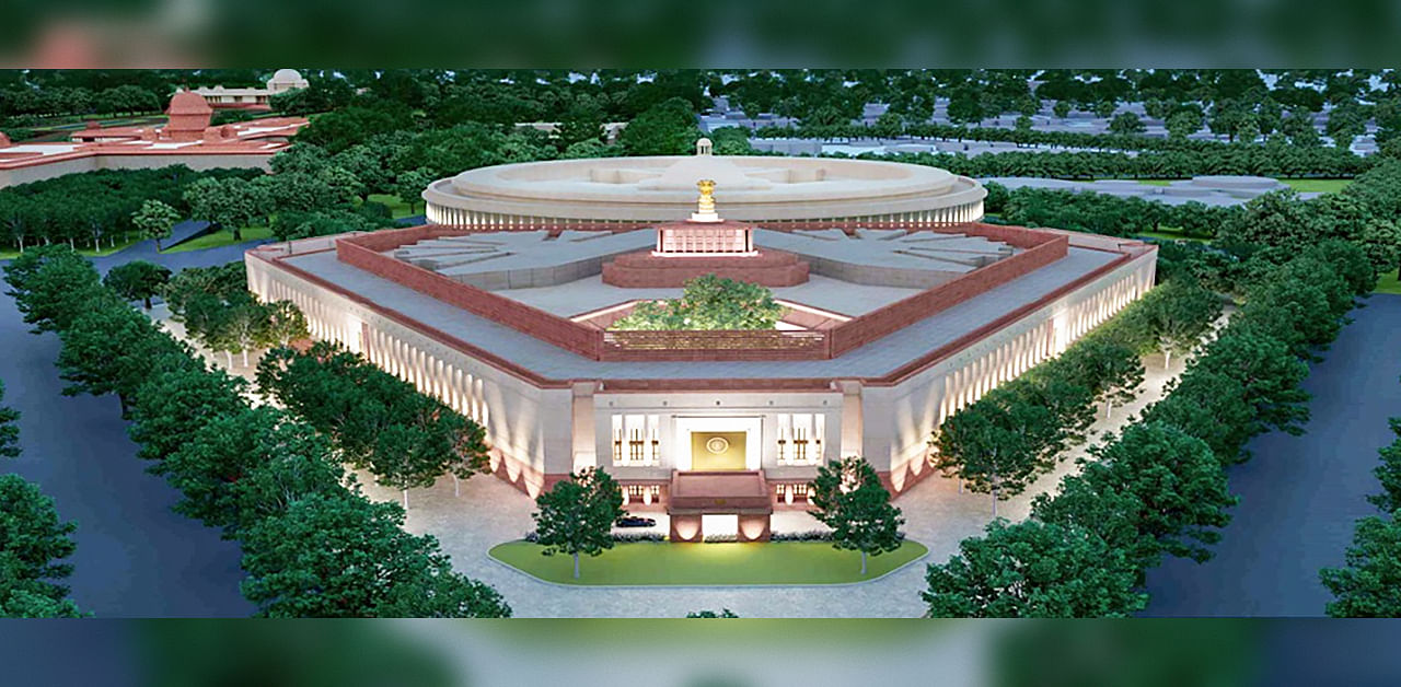 A model of the proposed new Parliament building, in New Delhi, Saturday, Dec. 5, 2020. Prime Minister Narendra Modi will lay the foundation stone on Dec. 10 for the building and the construction is expected to be completed by 2022 at an estimated cost of Rs 971 crore. Credit: PTI Photo